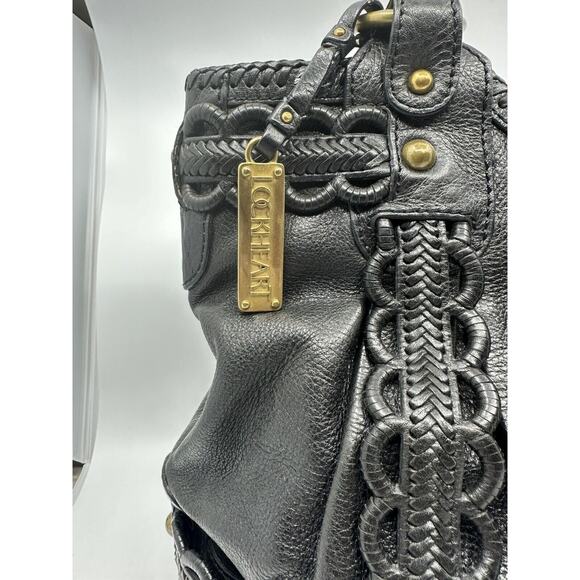 Rare Lockheart Vintage Handbag - Ruffle Braided Black Leather With Brass Bag - Picture 2 of 8
